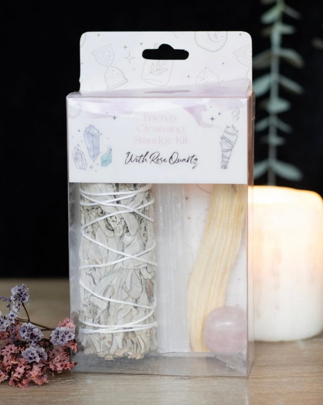Smudge kit with rose quartz crystal