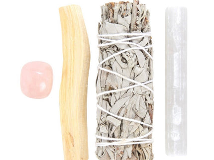 Smudge kit with rose quartz crystal