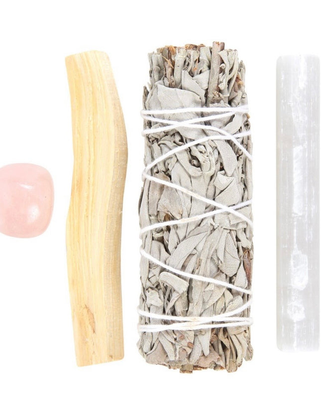 Smudge kit with rose quartz crystal