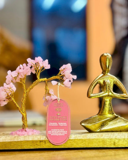 Roze Quartz Gemstone Yoga Garden Tilted Tree - Namaste Pose - 100 Stones