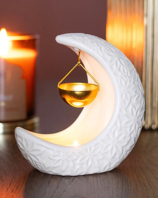 White Crescent Moon Oil Burner with Metal Dish