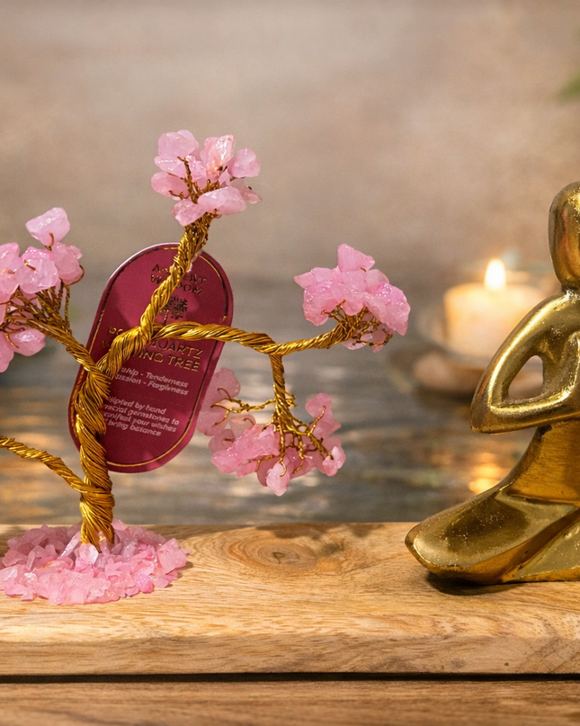 Roze Quartz Gemstone Yoga Garden Tilted Tree - Namaste Pose - 100 Stones