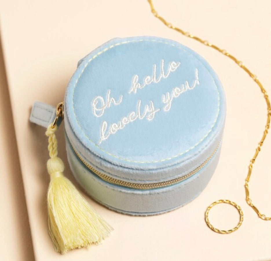 Blue Hello Lovely You Mini Round Travel Jewellery Case