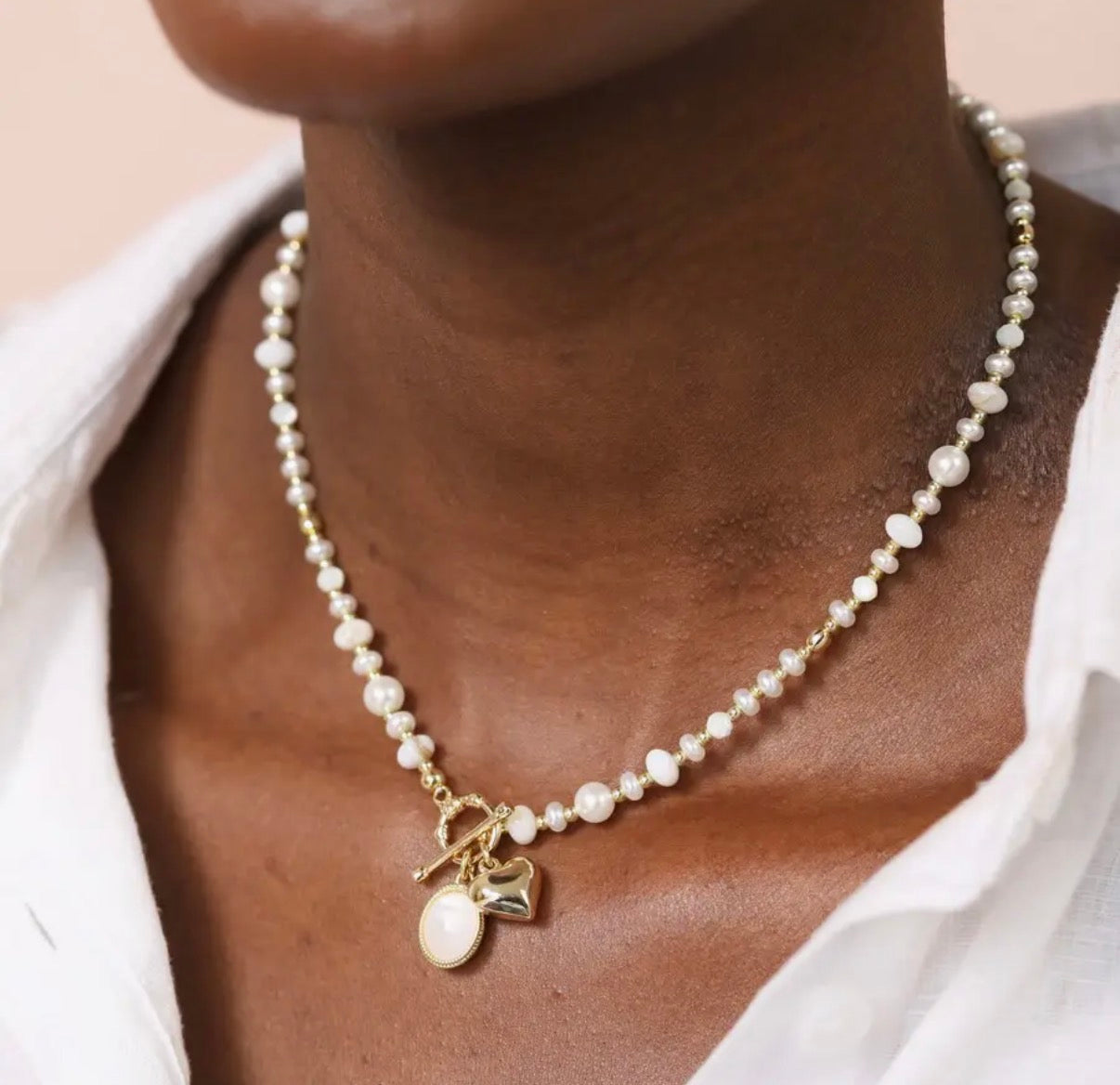 Semi Precious Beaded Pearl Heart Charm Necklace in Gold Serenity healing gifts