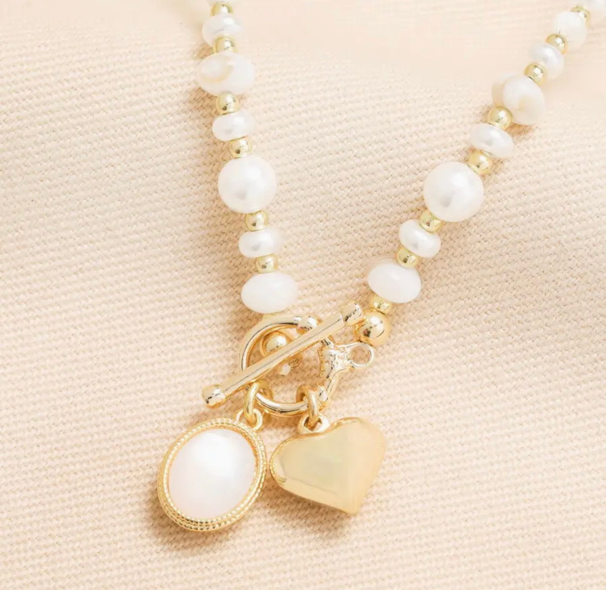 Semi Precious Beaded Pearl Heart Charm Necklace in Gold