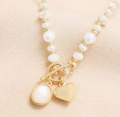 Semi Precious Beaded Pearl Heart Charm Necklace in Gold