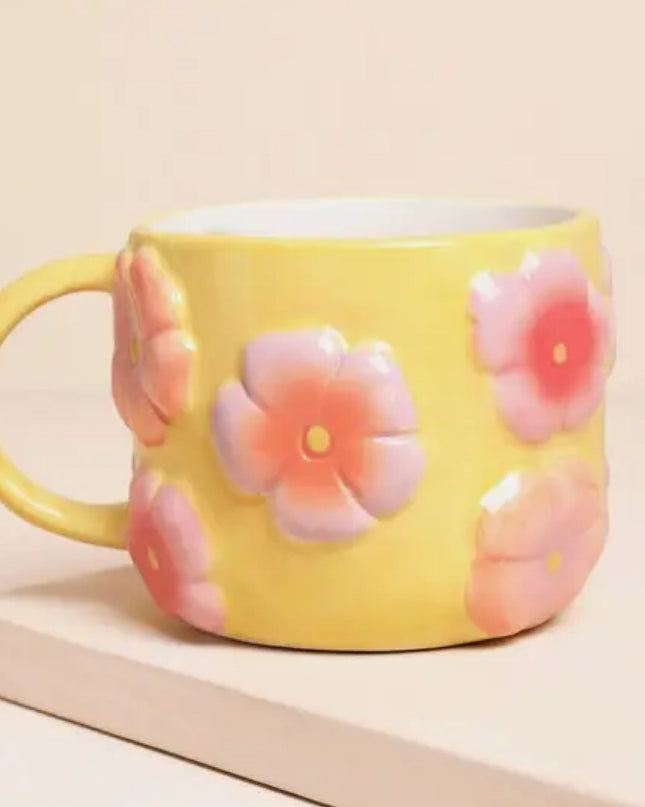 Retro Floral Yellow and Pink Ceramic Mug