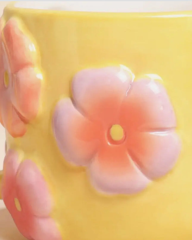 Retro Floral Yellow and Pink Ceramic Mug